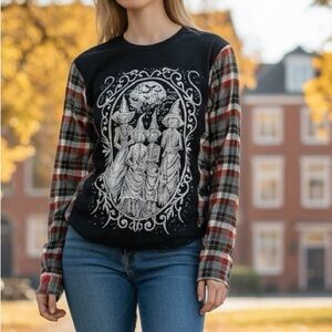 Upcycled reworked cat witches flannel tee shirt size large men’s /womens 1x-2x